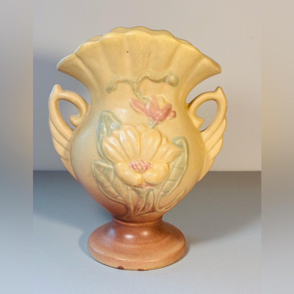 Vintage Yellow Floral Matte Hull Pottery Magnolia Vase with Double Handles